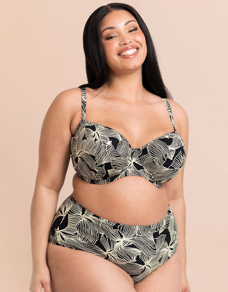 Curvy Kate Women's  Ripple Reef Padded Balcony Bikini Top Black Print in Size 30DD, BrandAlley