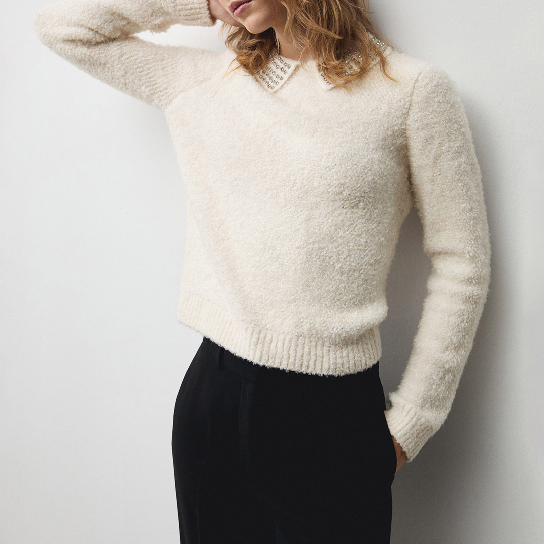 Mango Women's  White Polo Rhinestone Collar Jumper in Size S, BrandAlley