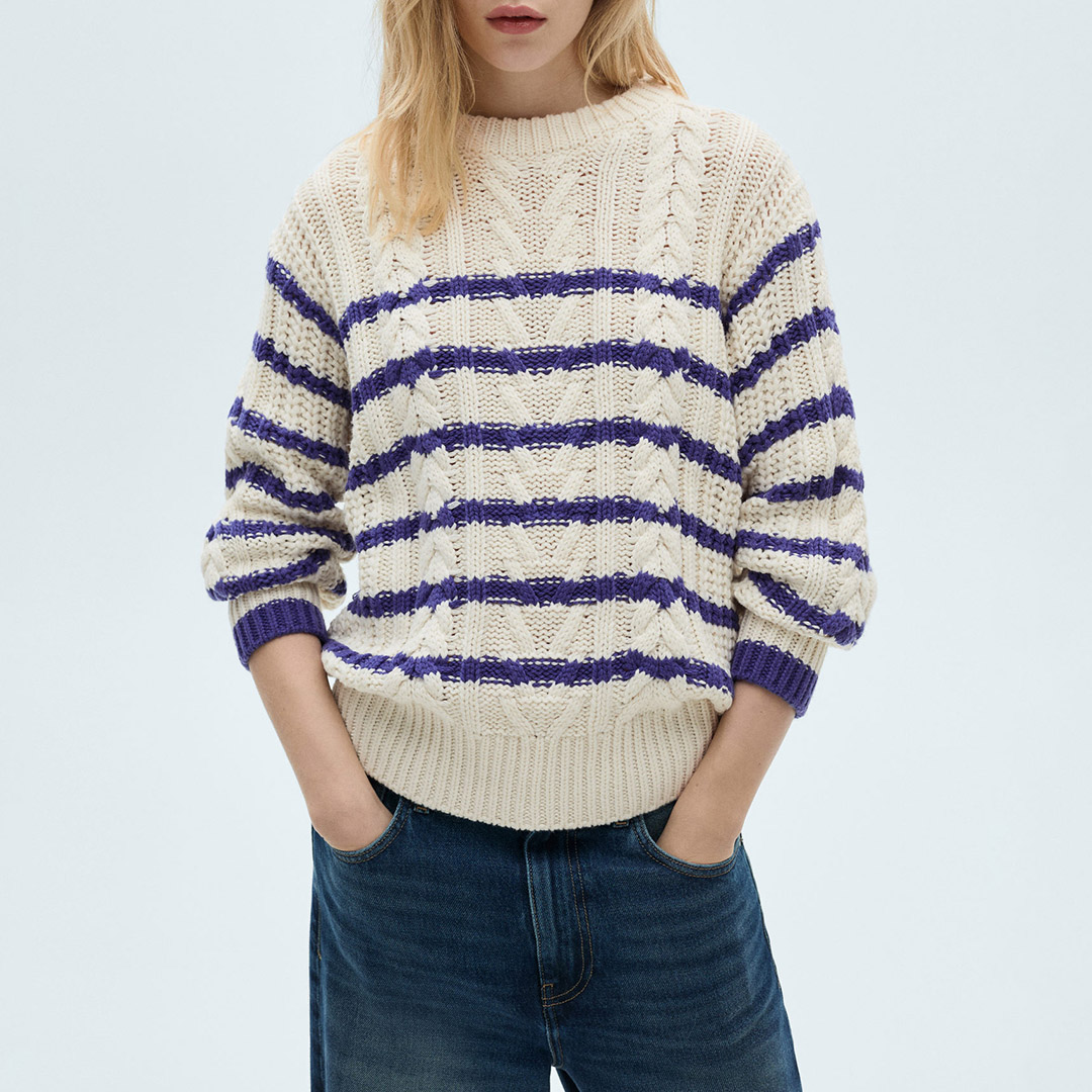 Mango Women's   White /Navy Stripe Braided Jumper in Size S, BrandAlley