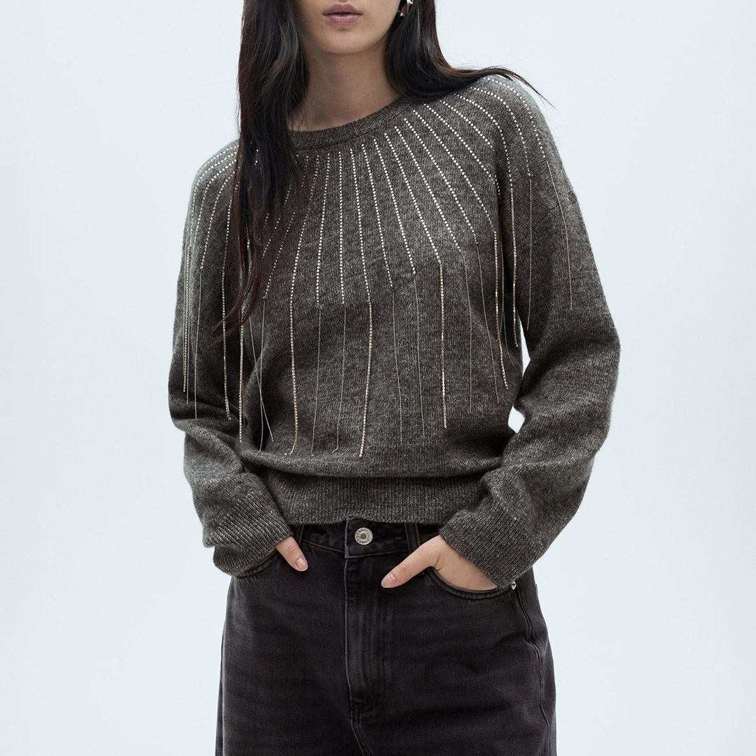Mango Women's   Grey Wool Blend Rhinestone Jumper in Size S, BrandAlley
