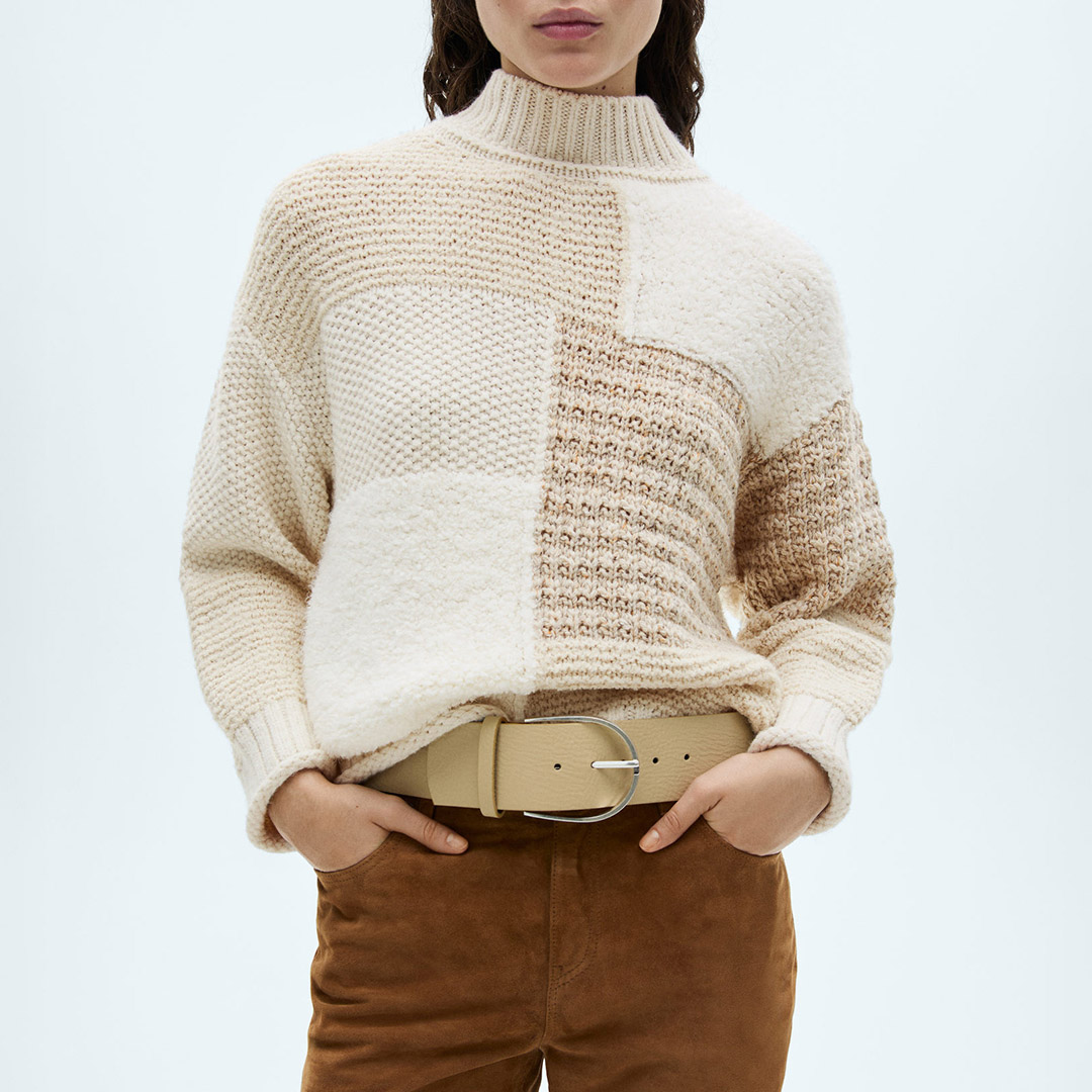 Mango Women's  Beige Patchwork Wool Blend Jumper in Size M, BrandAlley