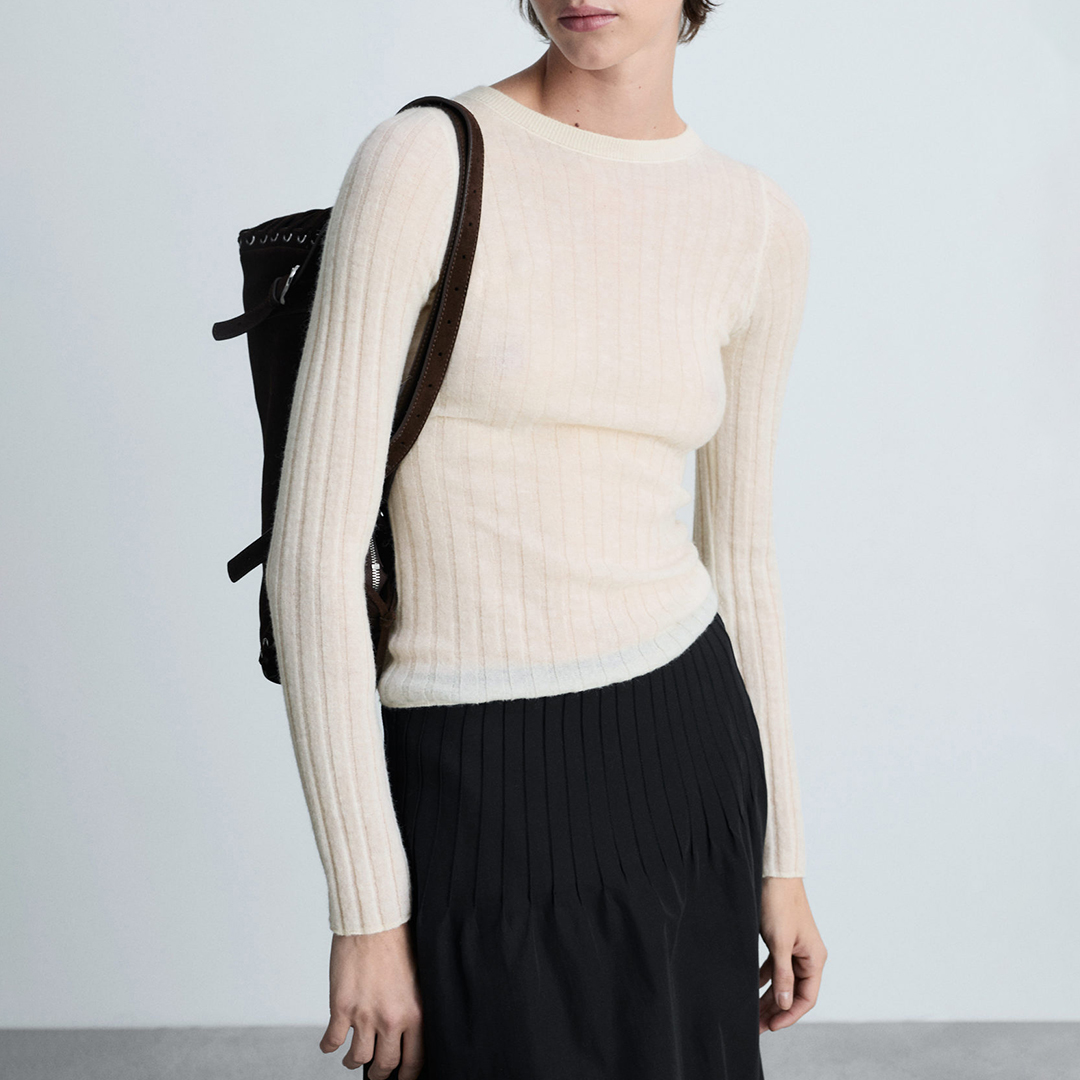Mango Women's   White Wool Blend Ribbed Jumper in Size M, BrandAlley
