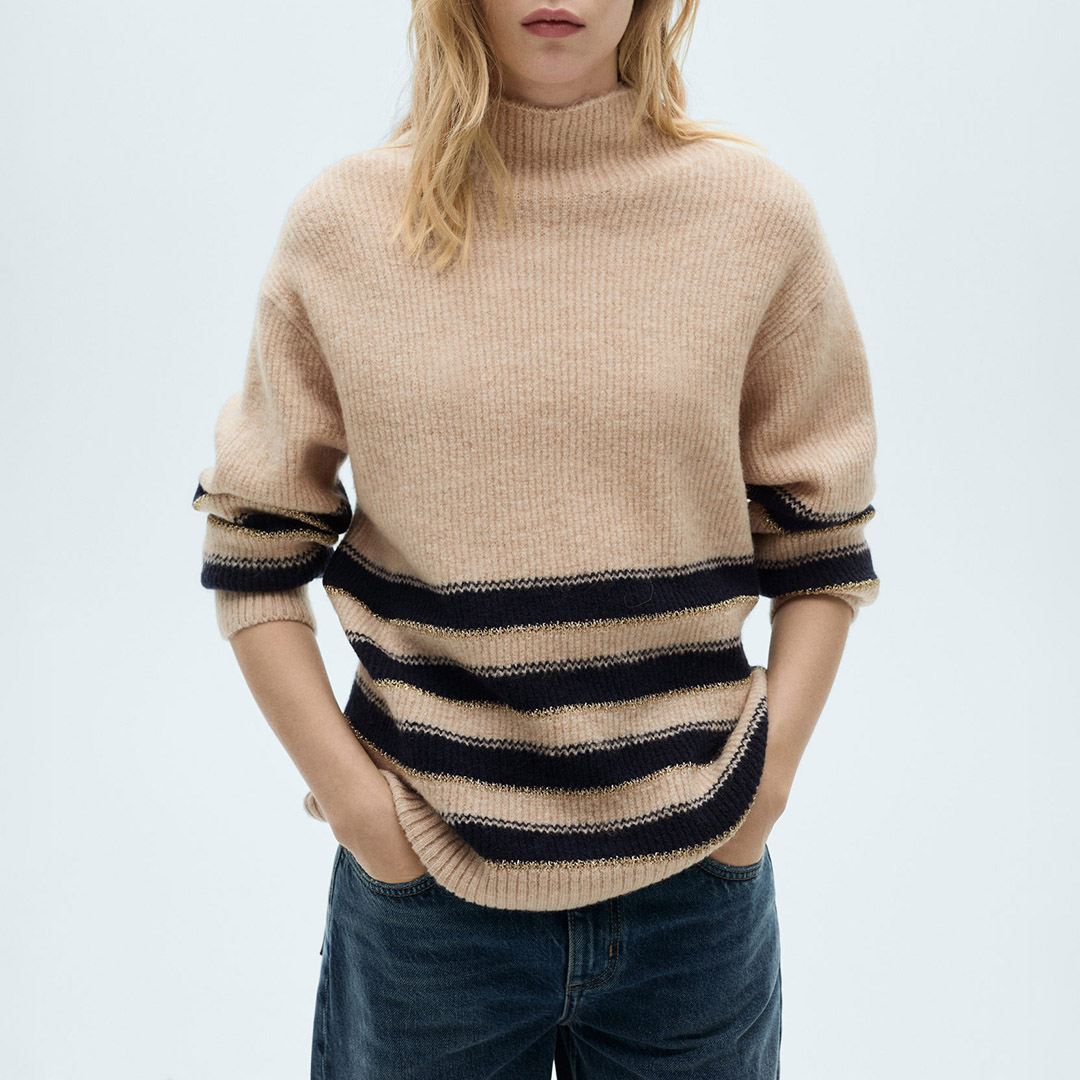 Mango Women's  Camel Stripe Glitter High Neck Jumper in Size XS, BrandAlley
