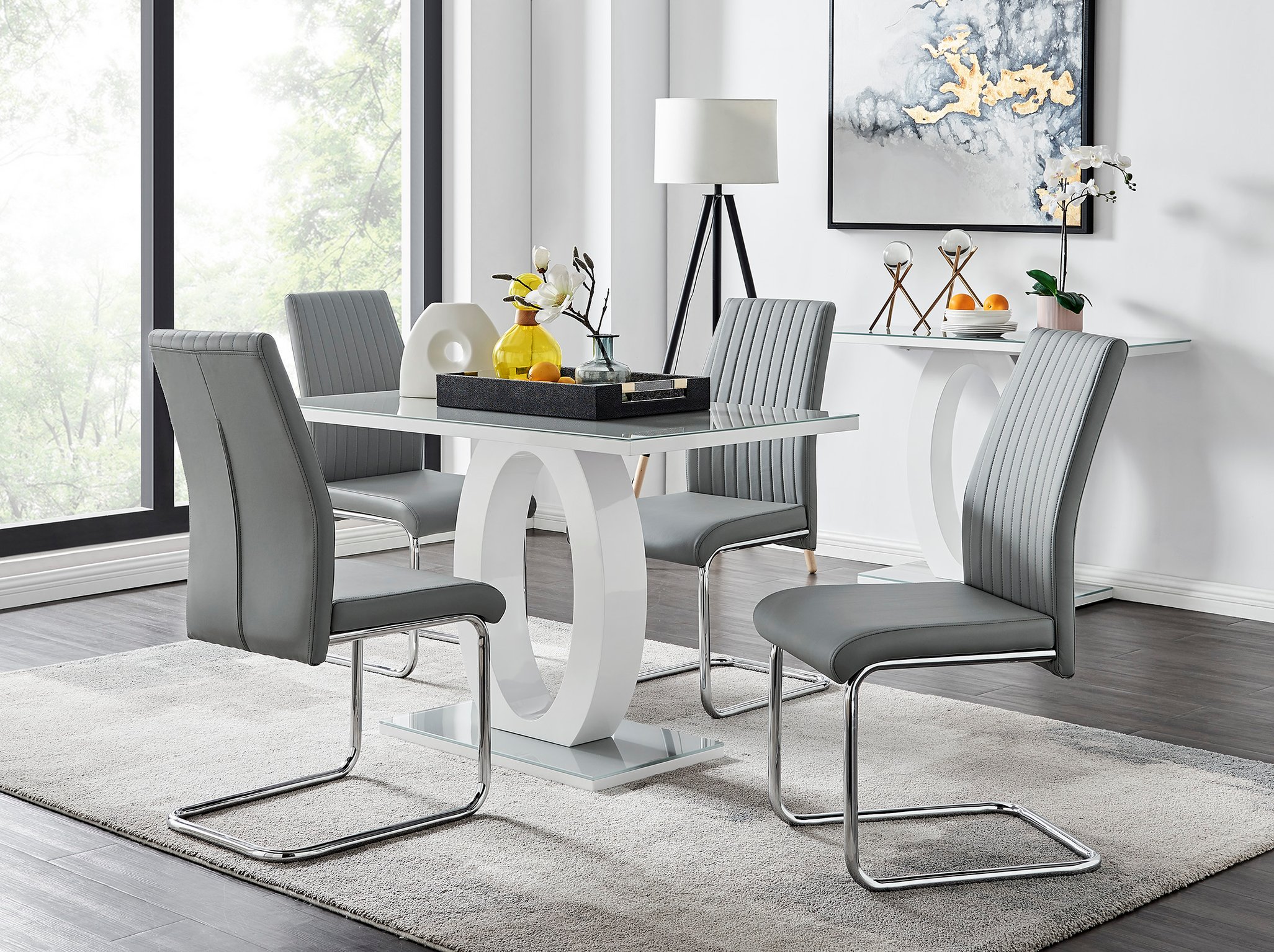 Furniturebox    Grey Giovani White Modern High Gloss And Glass Dining Table And 4 Elephant Lorenzo Chairs Set , BrandAlley
