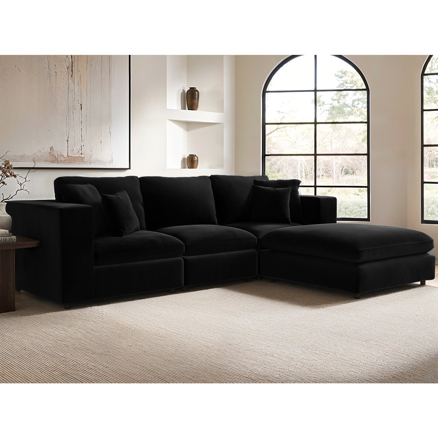 Solace+Co   Asher 4 Seater Black Velvet Sofa with Footstool in Size 4, BrandAlley
