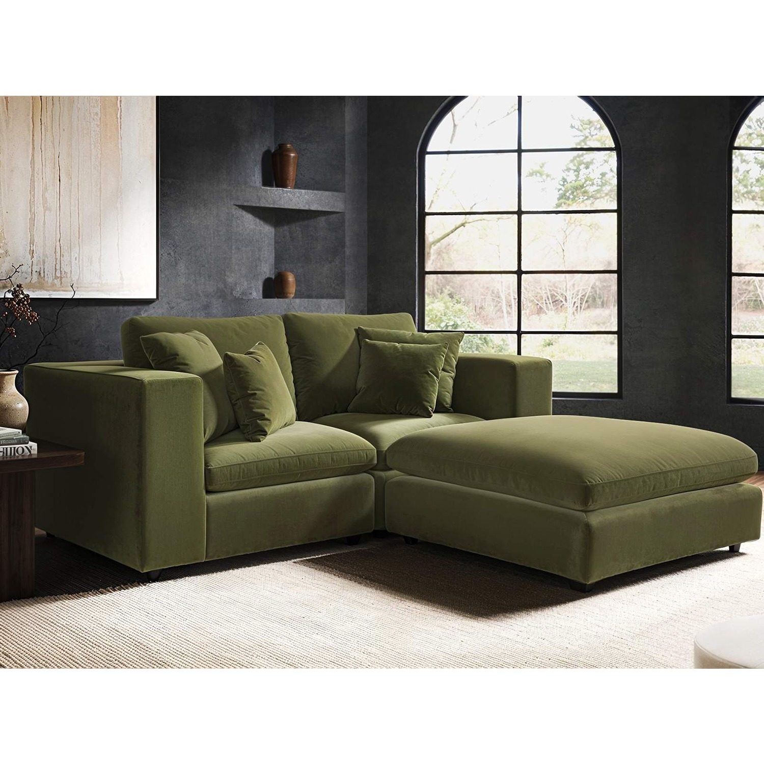 Solace+Co    Green Asher 3 Seater Khaki Velvet Sofa With Footstool in Size 3, BrandAlley