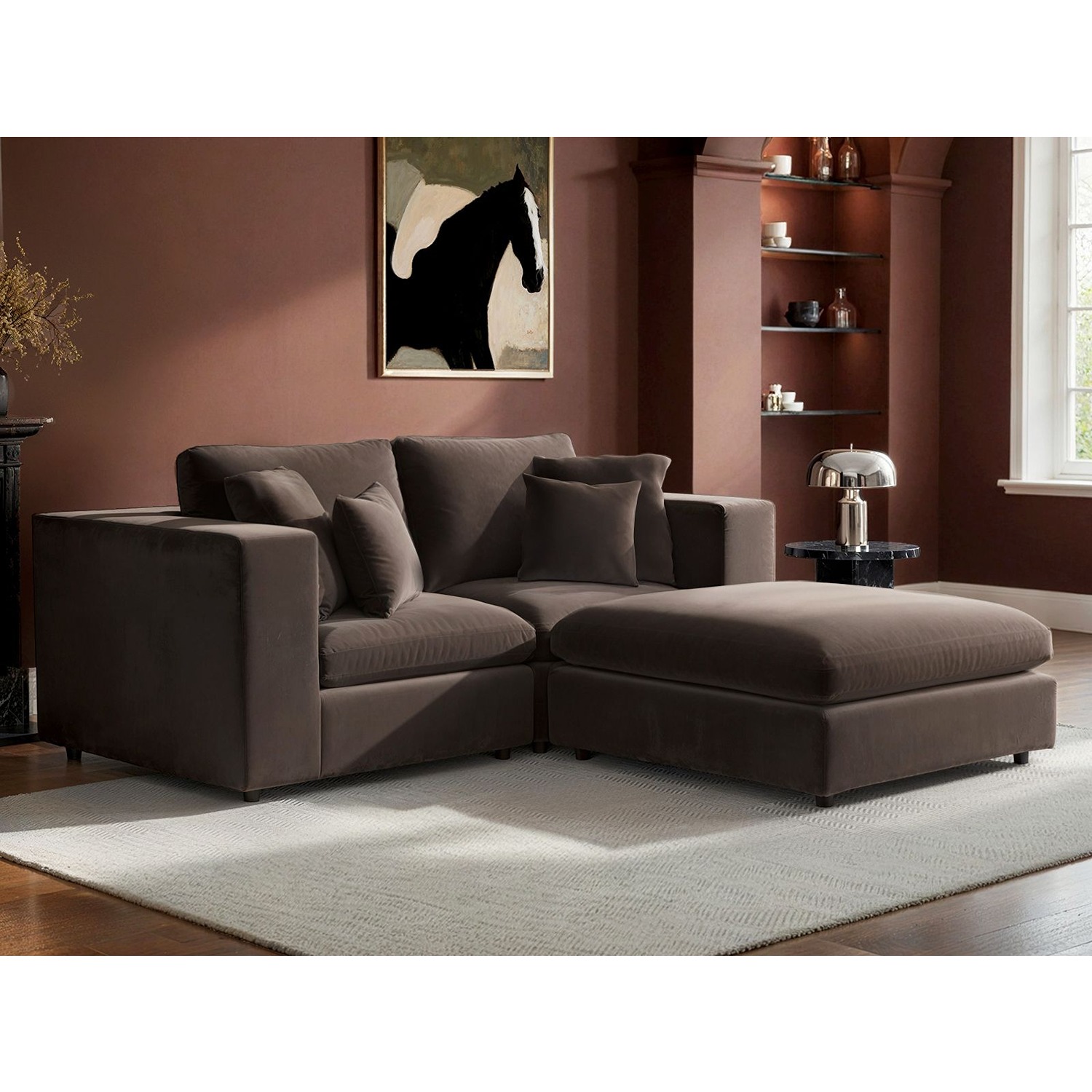 Solace+Co    Brown Asher 3 Seater Velvet Sofa With Footstool in Size 3, BrandAlley