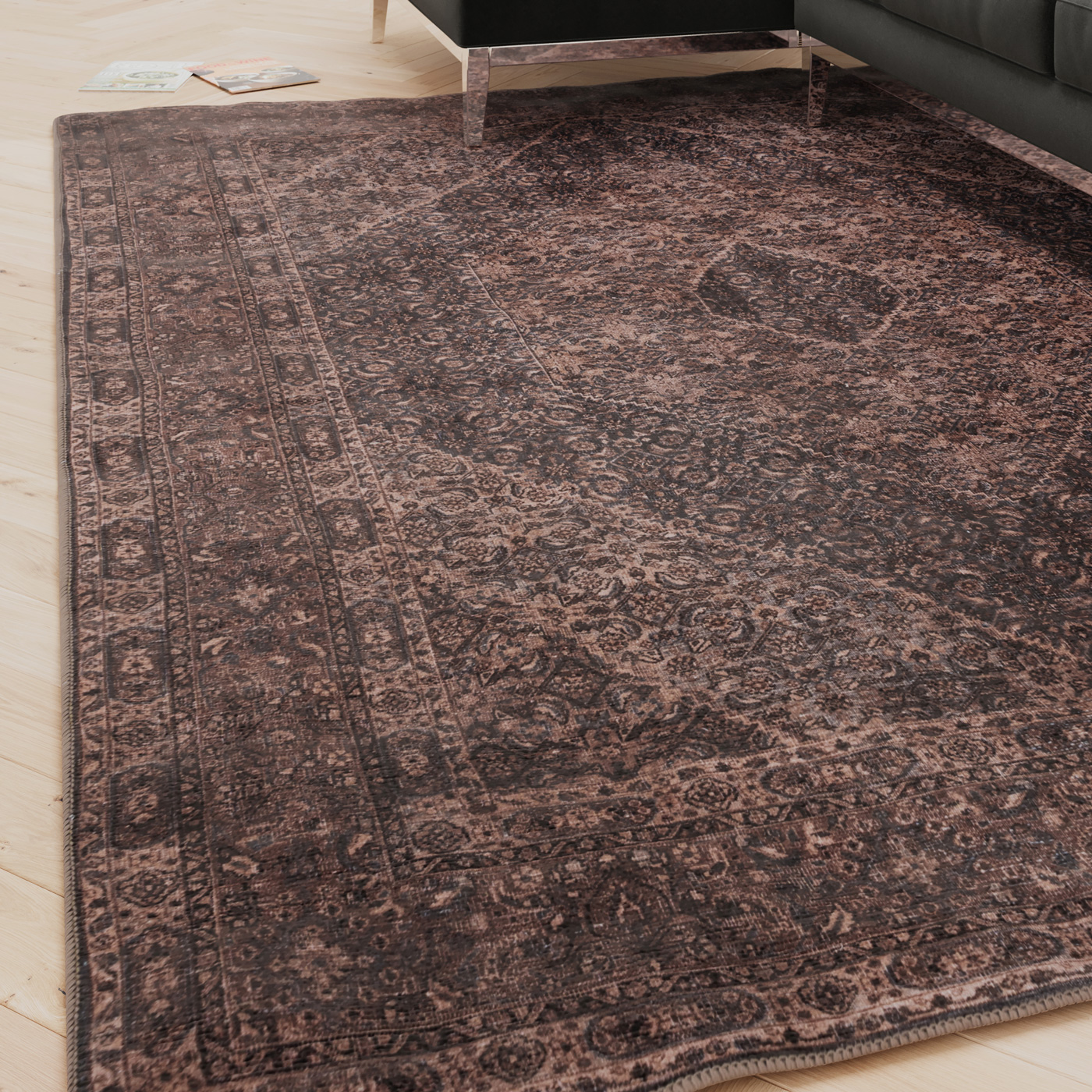 Kukoon    Brown Distressed Machine Washable Soft Living Room Area Rug in Size 60cm x 240cm, BrandAlley