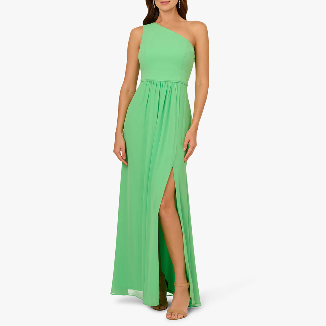 Adrianna Papell Women's  Green One Shoulder Chiffon Gown in Size 16, BrandAlley