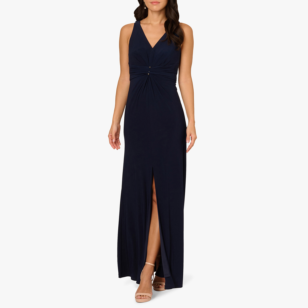 Adrianna Papell Women's   Navy Shirred Mermaid Jersey Midi Gown in Size 8, BrandAlley