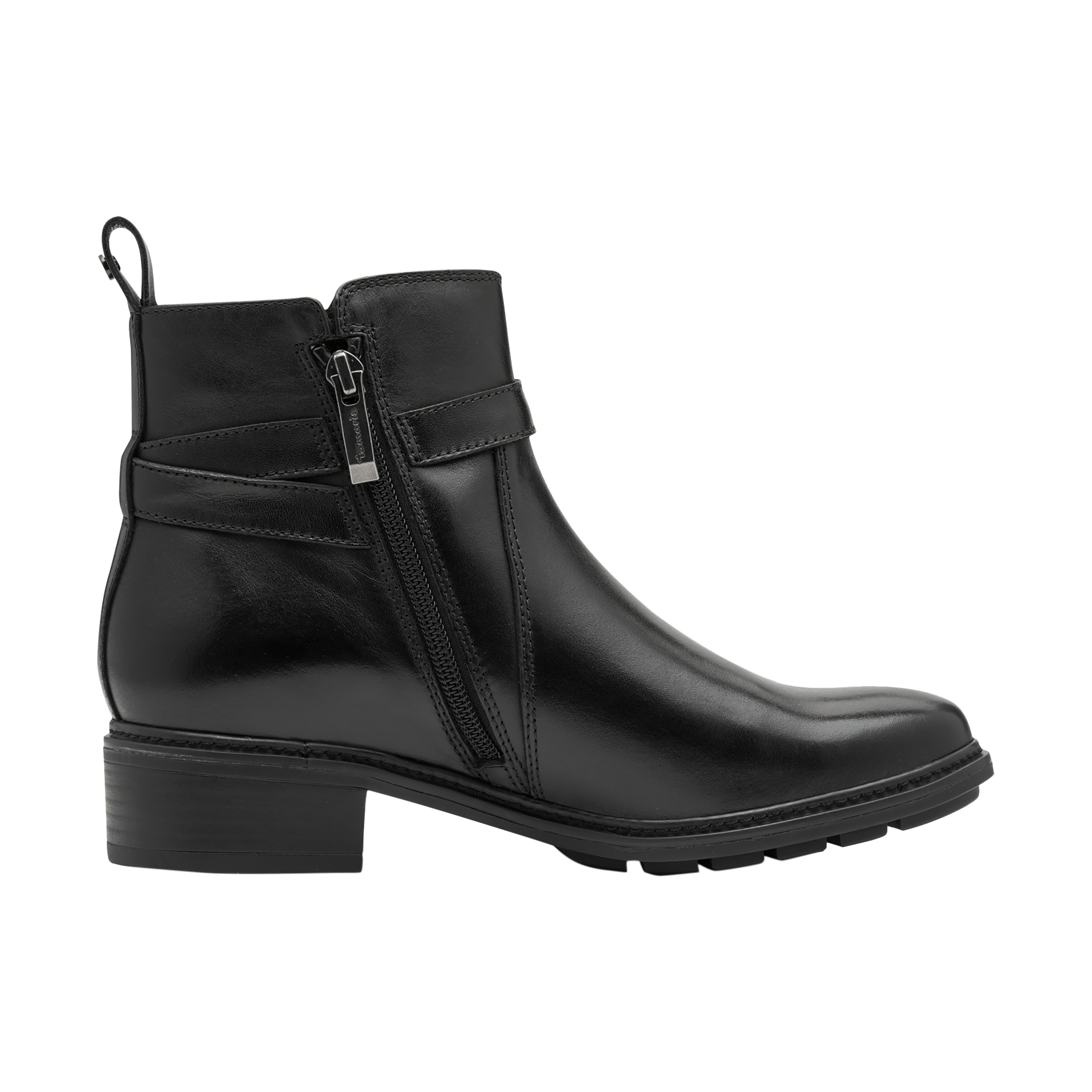 Tamaris Women's   Black Leather Buckled Zip Biker Ankle Boots in Size 41, BrandAlley