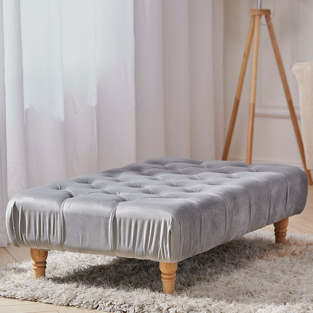Living and Home   Button-tufted Rectangular Velvet Footstool - Light Grey in Size Large, BrandAlley