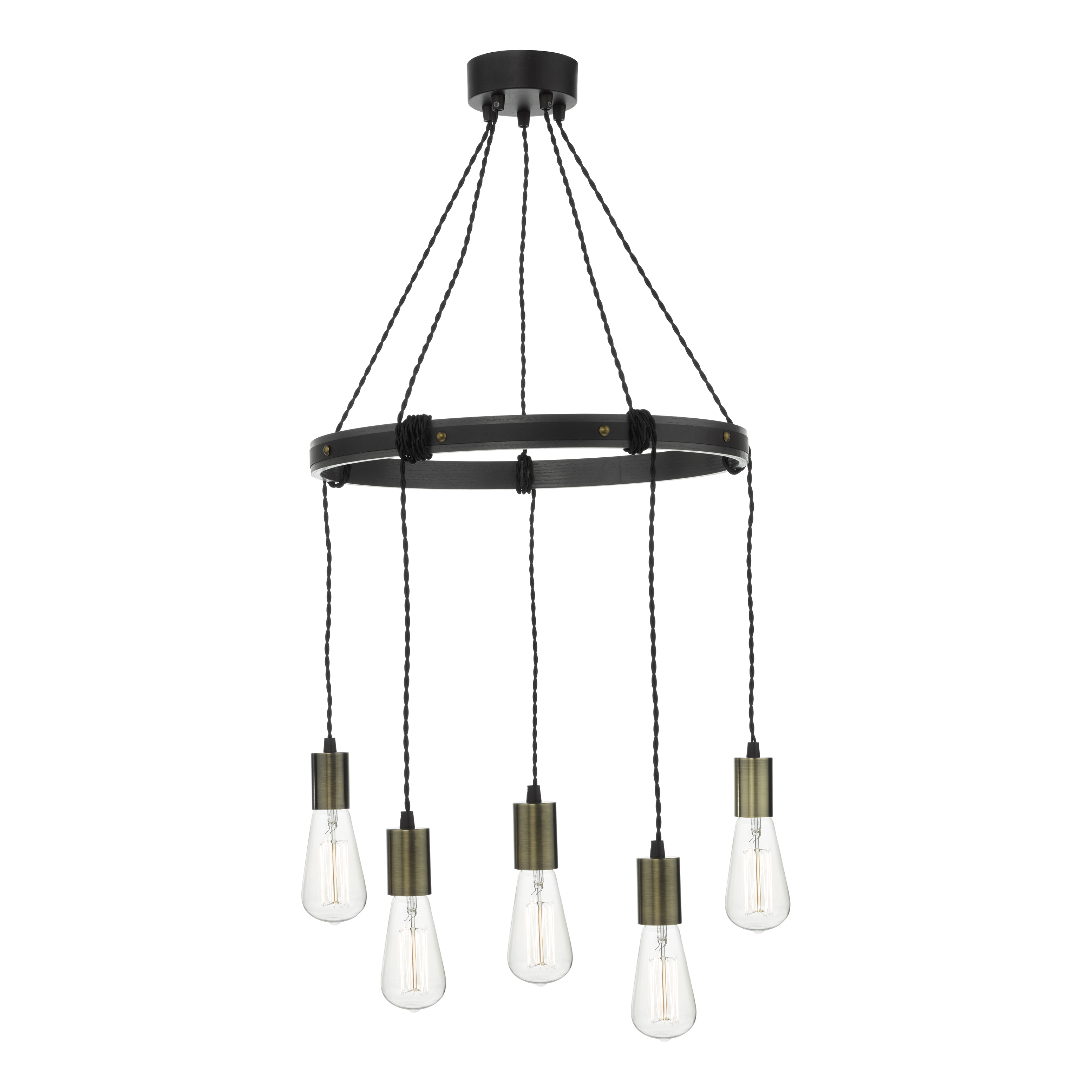 The Lighting Studio    Black Ivan 5 Light Pendant Rustic Wood Aged Brass Detail in Size 5, BrandAlley