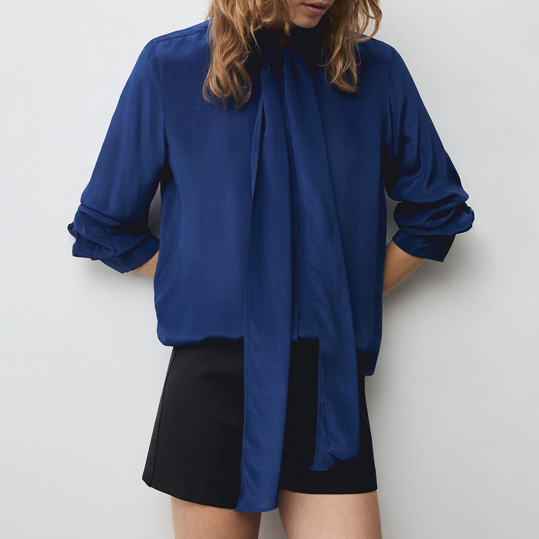 Mango Women's  Blue Satin Shirt With Bow in Size XS, BrandAlley