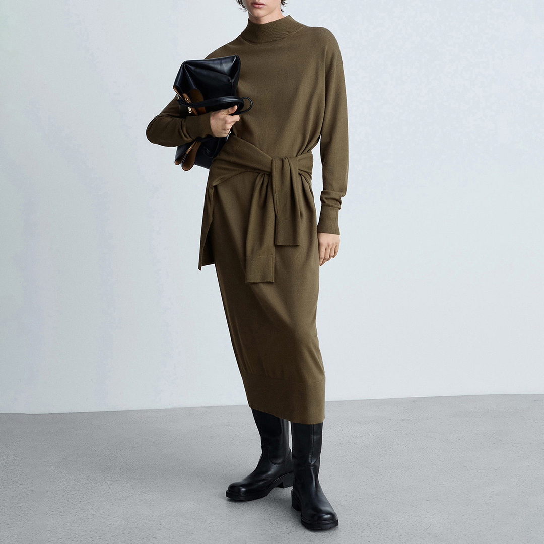 Mango Women's  Khaki Perkins Neck Knitted Dress in Size XS, BrandAlley