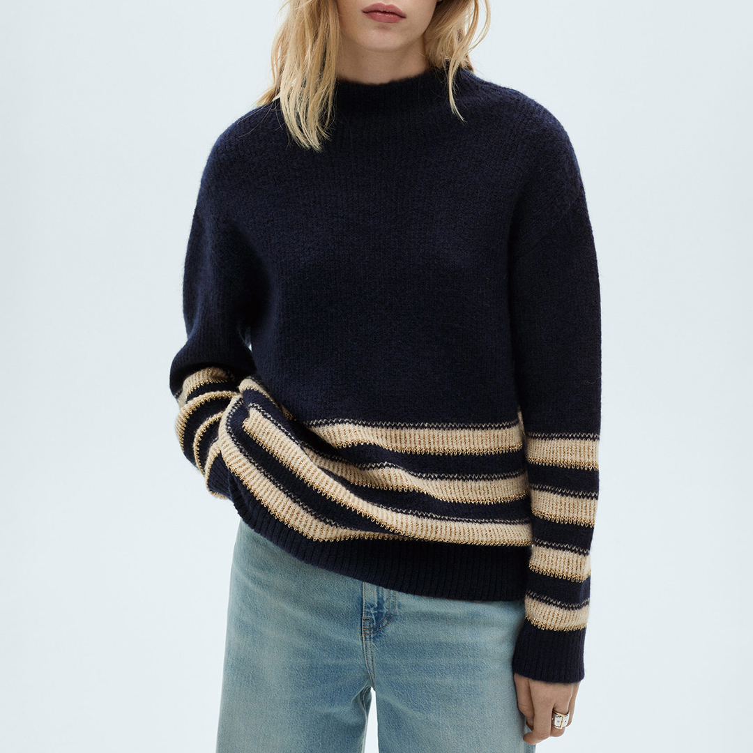 Mango Women's   Navy Dark Stripe Crew Neck Jumper in Size XS, BrandAlley