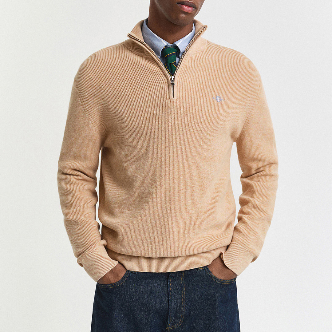 Gant Men's  Khaki Merino Ribbed Half Zip Jumper in Size M, BrandAlley