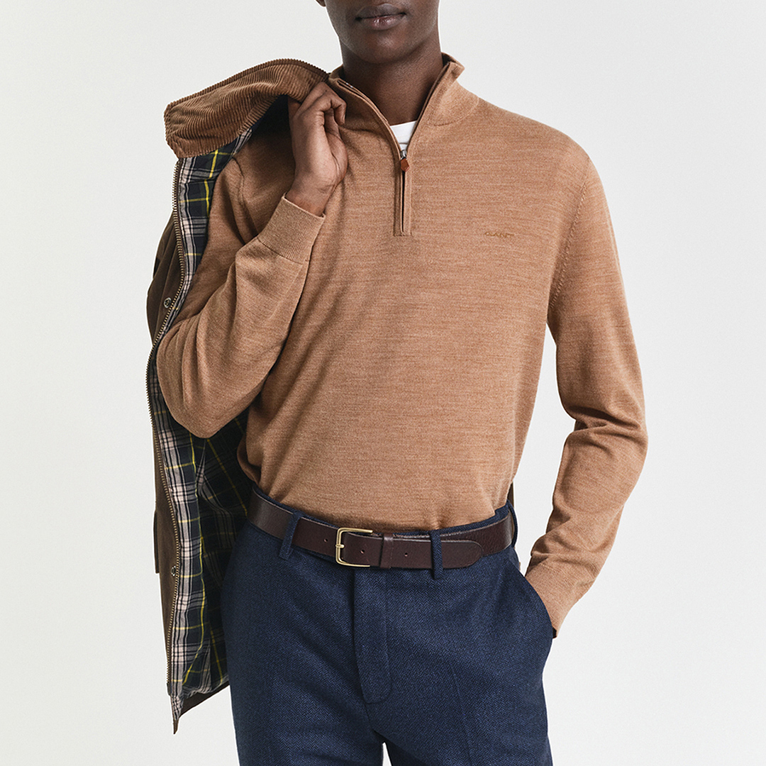 Gant Men's  Sand Extrafine Merino Wool Half Zip Jumper in Size XXL, BrandAlley