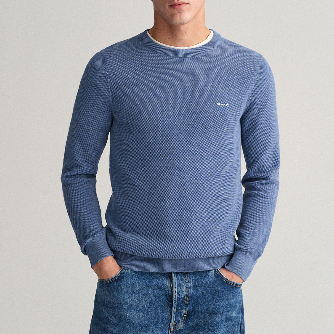 Gant Men's   Blue Cotton Textured Pique Jumper in Size L, BrandAlley