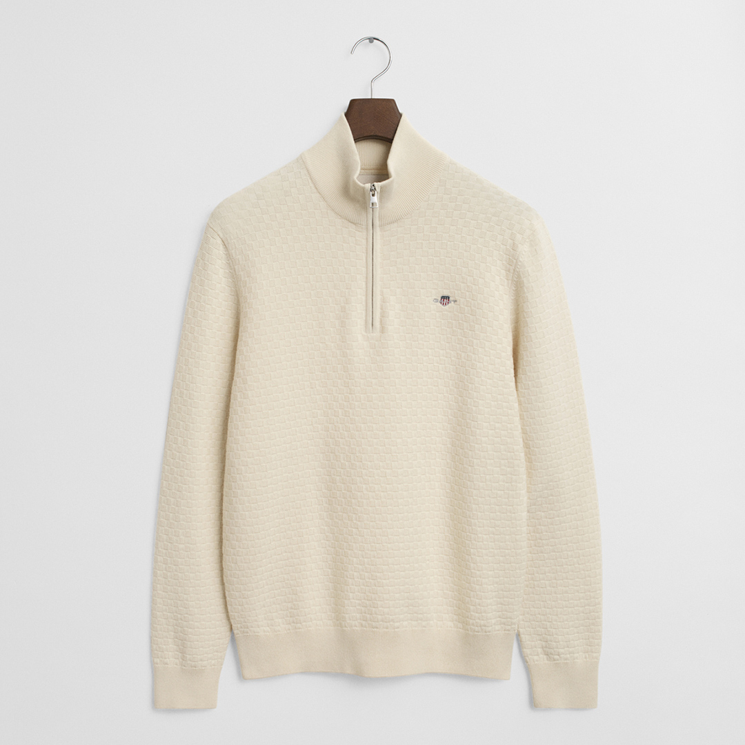 Gant Men's   Cream Micro Textured Half Zip Jumper in Size XXL, BrandAlley