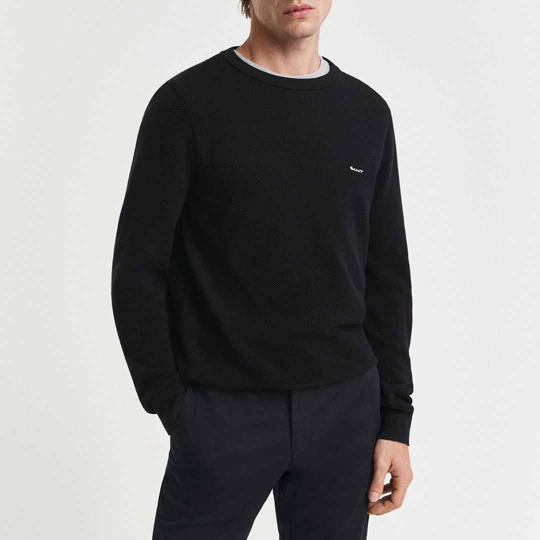 Gant Men's  Black Cotton Textured Pique Jumper in Size XL, BrandAlley