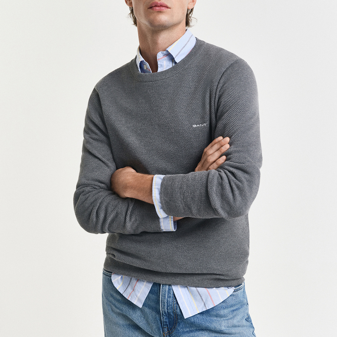 Gant Men's   Grey Crew Neck Cotton Pique Jumper in Size XL, BrandAlley