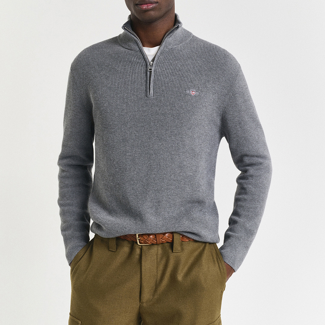 Gant Men's  Grey Cotton Merino Ribbed Half Zip Jumper in Size XXL, BrandAlley