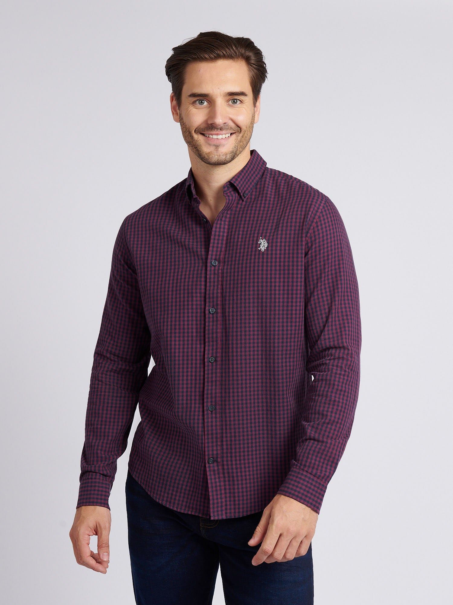 U.S. Polo Assn. Men's U.s. Polo Assn.  Red Purple Gingham Herringbone Weave Shirt in Size XXL, BrandAlley