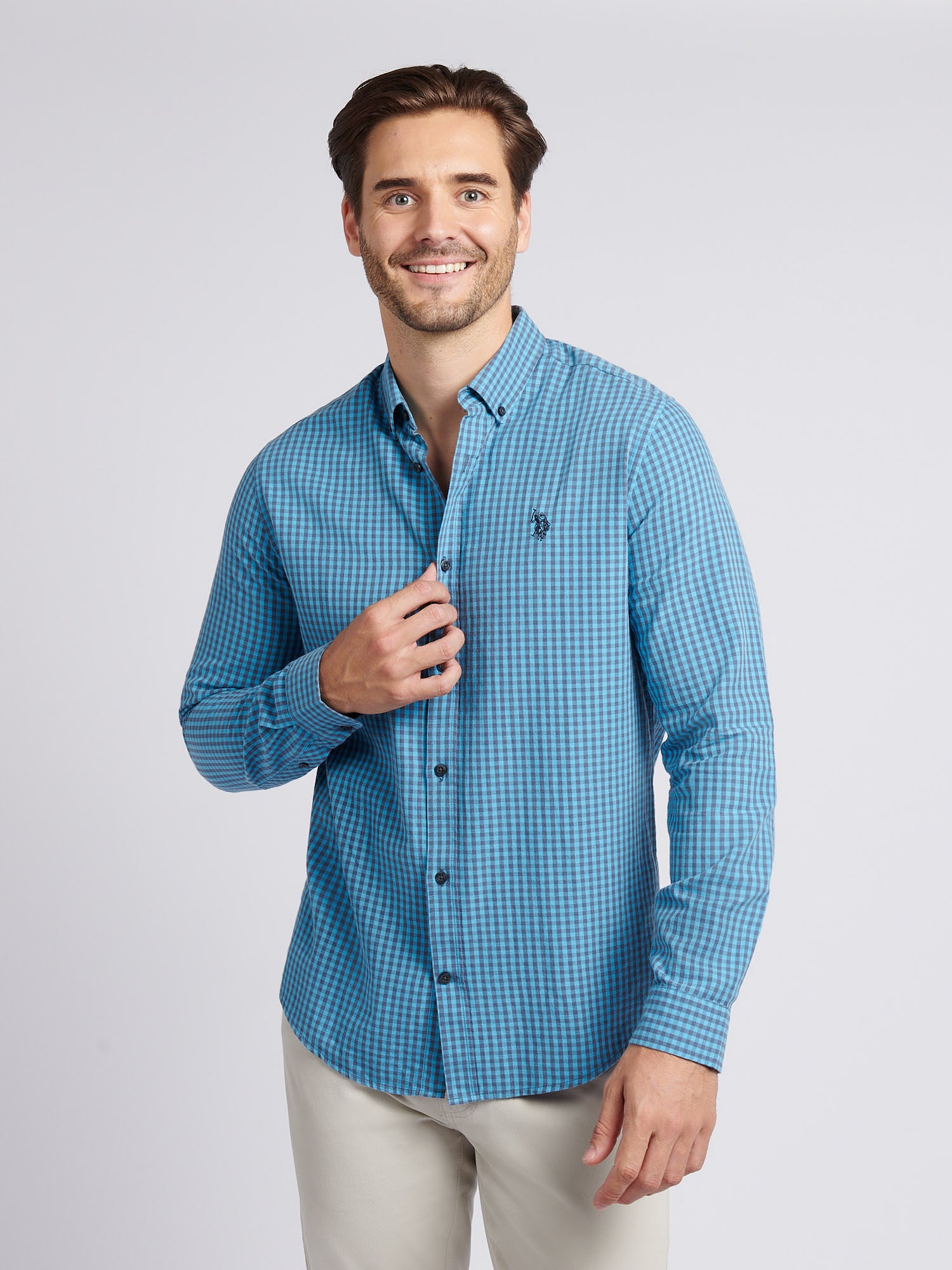 U.S. Polo Assn. Men's U.s. Polo Assn.  Blue Gingham Herringbone Weave Shirt in Size L, BrandAlley