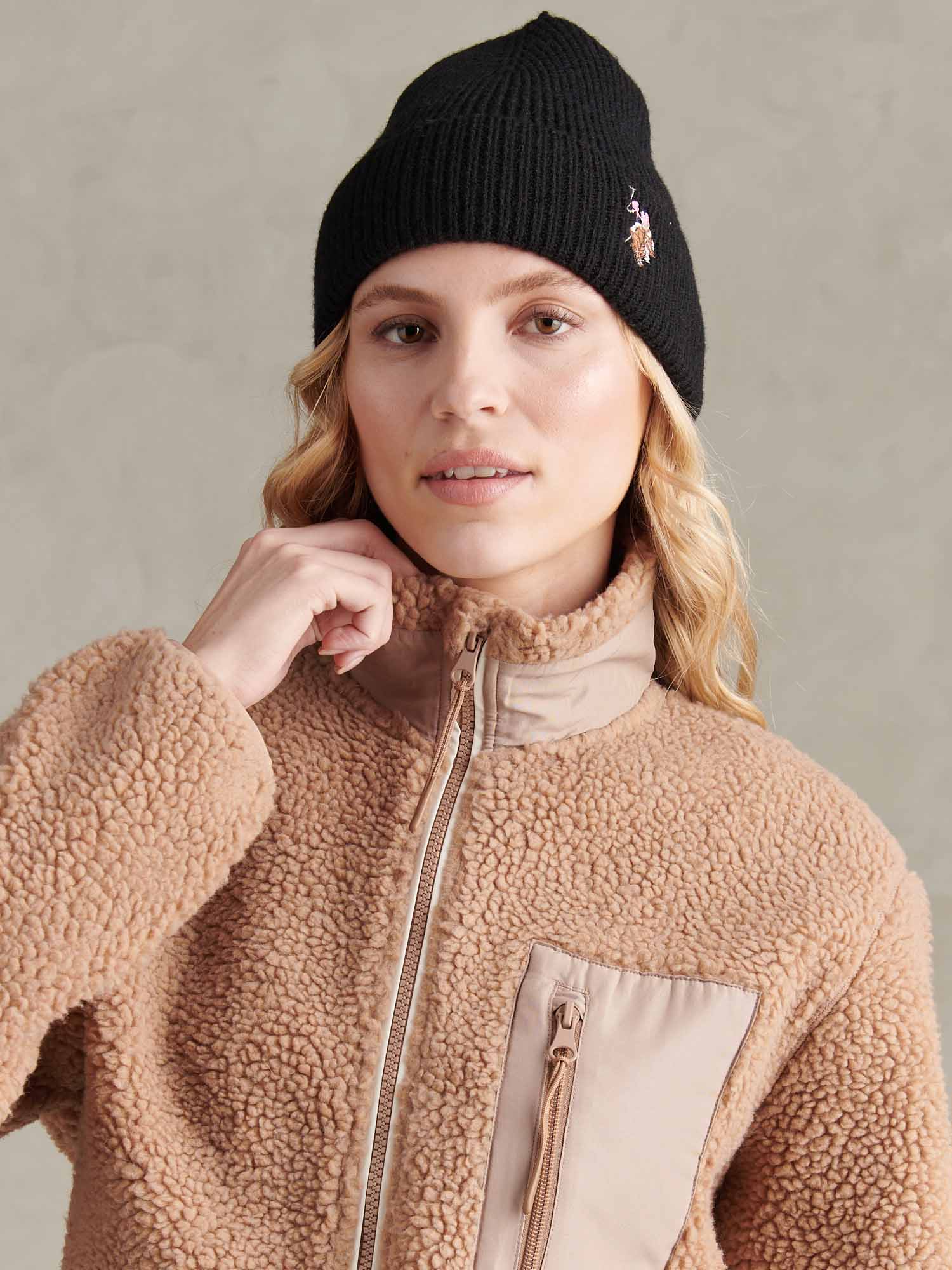 U.S. Polo Assn. Women's U.s. Polo Assn.  Black Embroidered Horseman Rib Knit Beanie in Size Large, BrandAlley