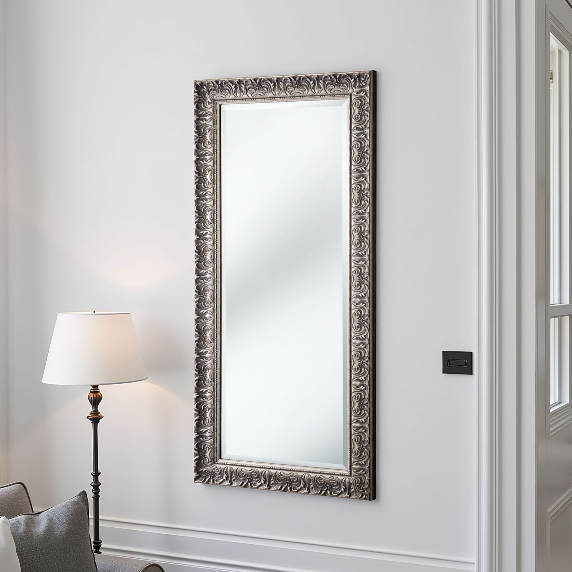 Yearn   Carved Framed Bevelled Tall Mirror Silver 138x62cm , BrandAlley
