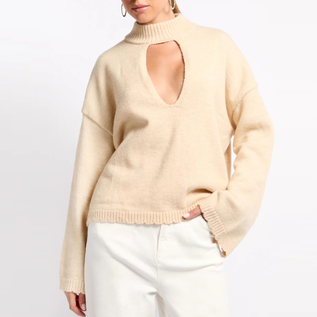 Little Mistress Women's   Beige Oatmeal Knit Keyhole Top in Size L, BrandAlley