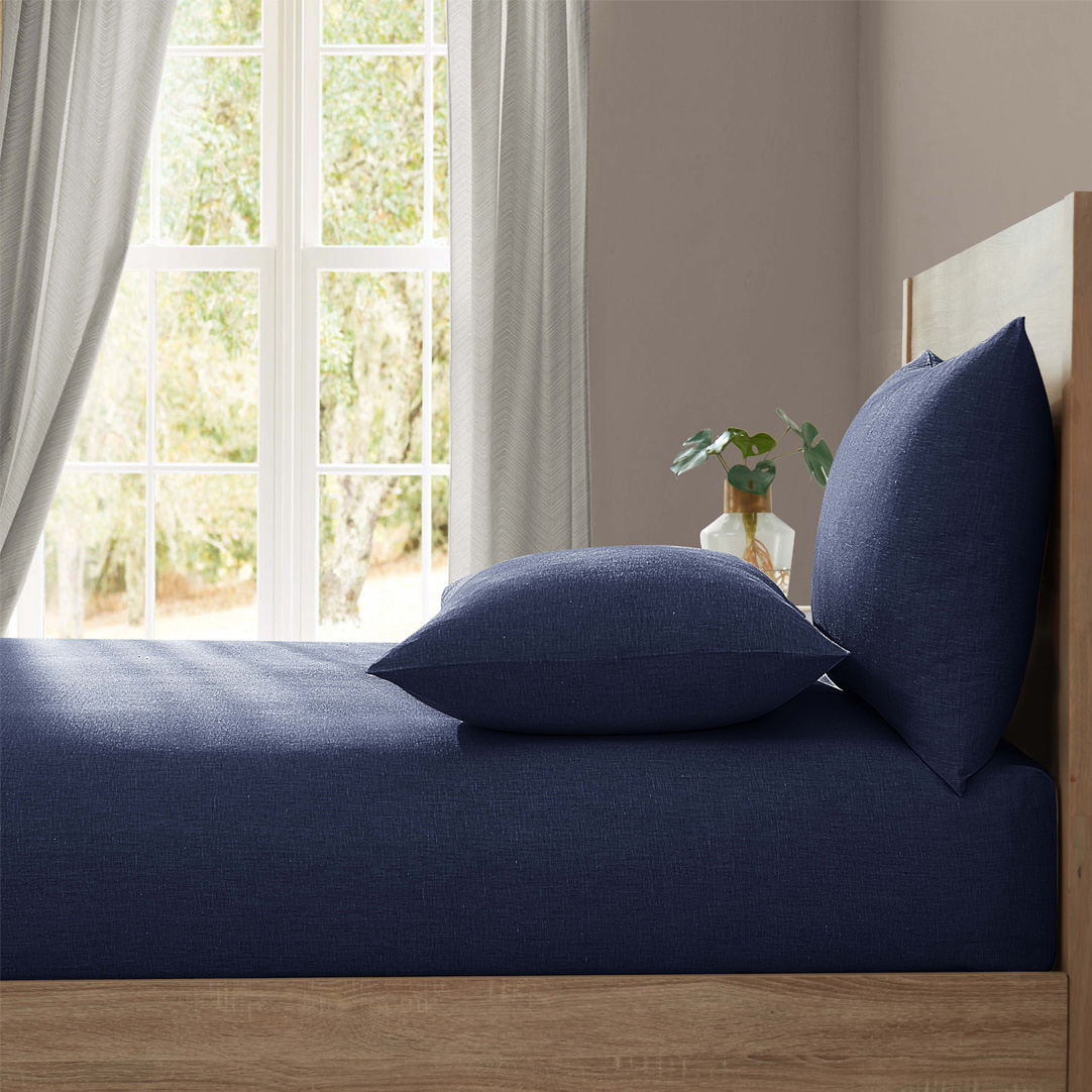 Lazy Linen    Navy Pure Washed Linen Fitted Sheet in Size Superking, BrandAlley