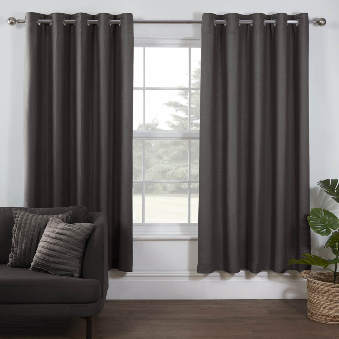 Lazy Linen   Pure Washed Linen Lined Eyelet Curtains Charcoal , BrandAlley