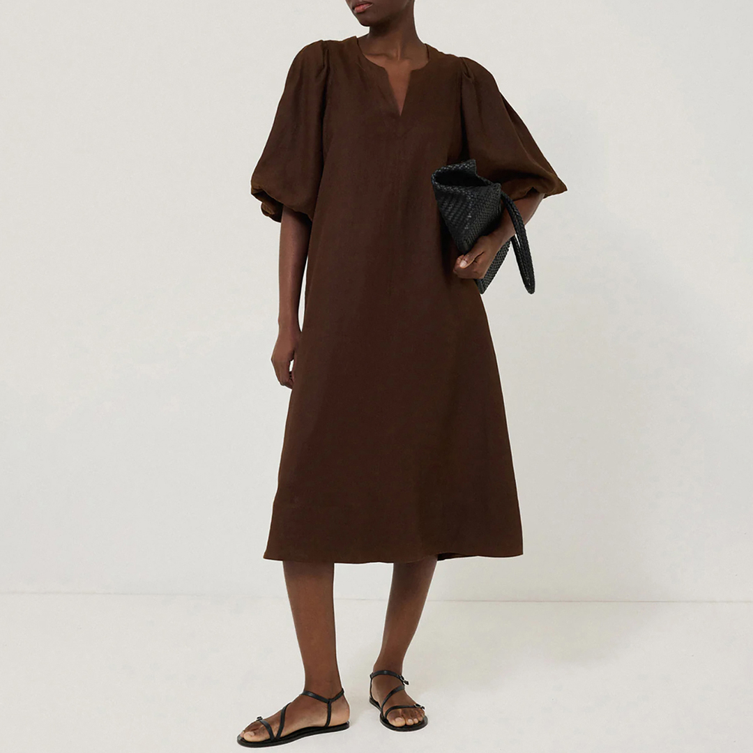 Jigsaw Brown Linen Puff Sleeve Midi Dress – Size 8