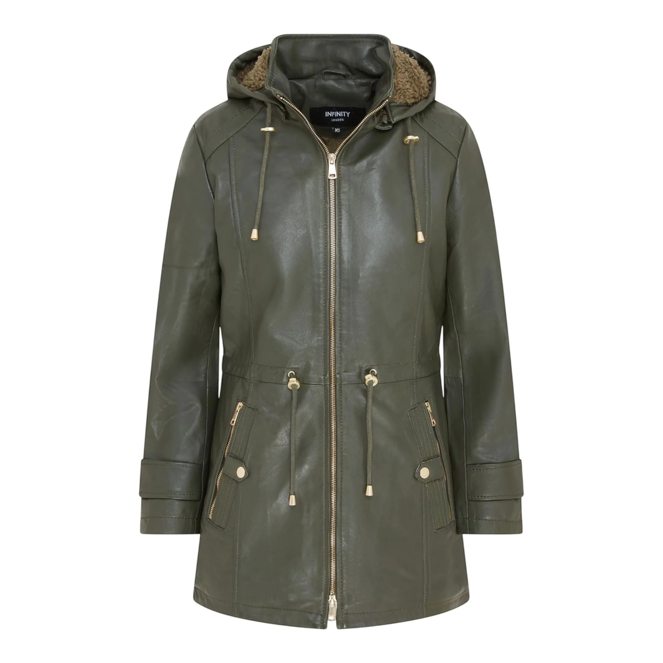 Infinity Leather Women's   Green Leather Parka Detachable Borg Hooded Trench Coat - Trekker in Size 2XL, BrandAlley