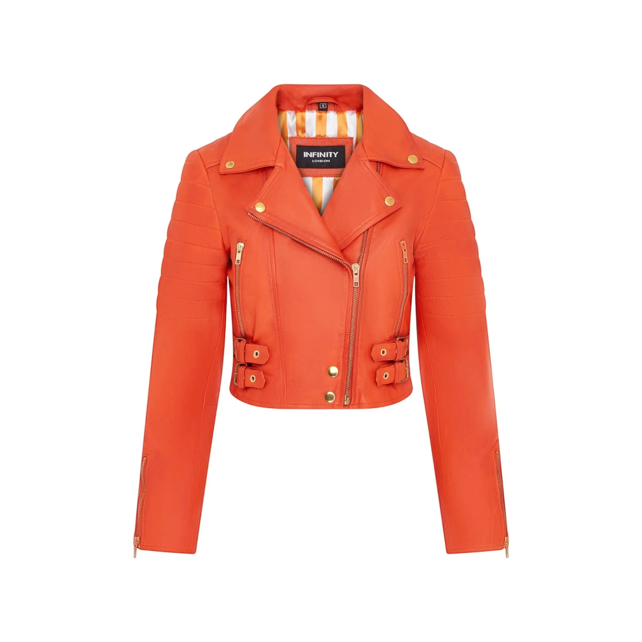 Infinity Leather Women's   Orange Cropped Brando Leather Biker Jacket-Longtown in Size 2XL, BrandAlley