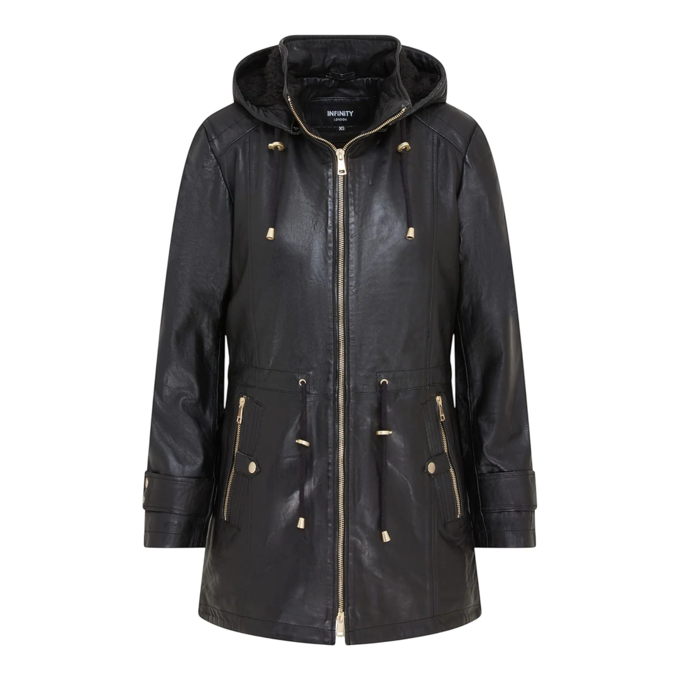 Infinity Leather Women's   Black Leather Parka Detachable Borg Hooded Trench Coat - Trekker in Size 4XL, BrandAlley