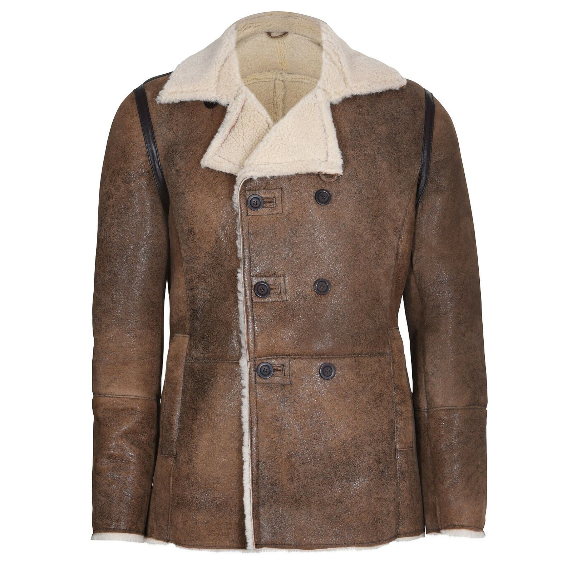 Infinity Leather Men's   Double Breasted Tan Shearling Sheepskin Pea Coat-Valencia in Size 5XL, BrandAlley