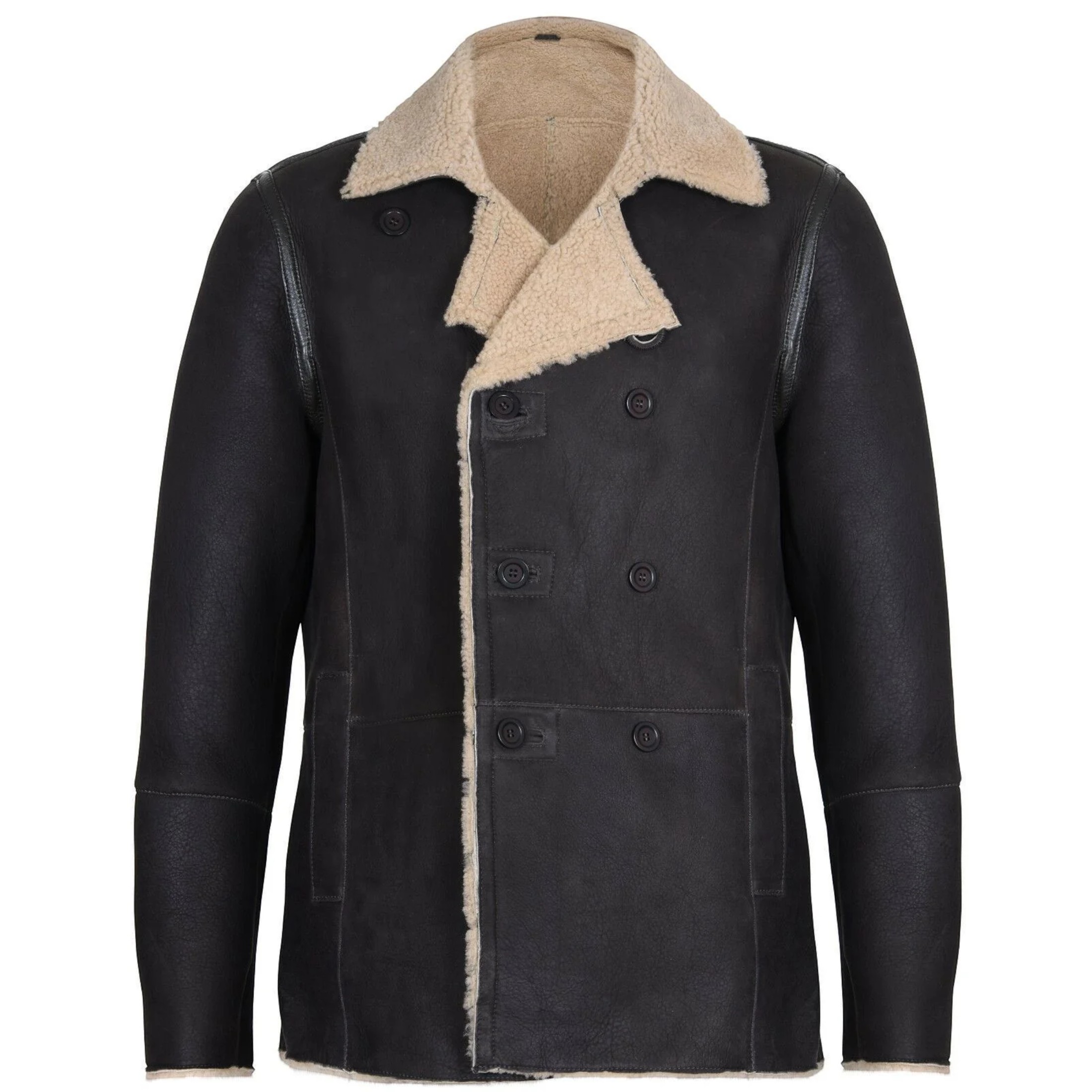 Infinity Leather Men's   Double Breasted Olive Shearling Sheepskin Pea Coat-Valencia in Size 5XL, BrandAlley