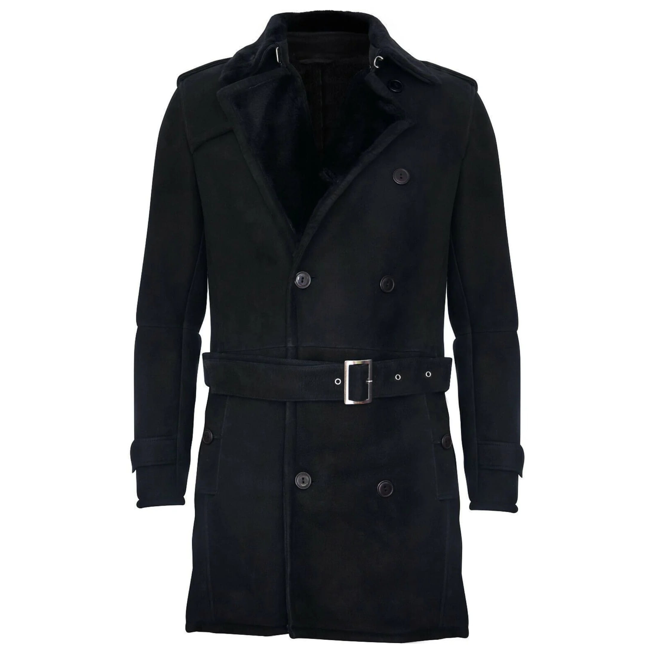 Infinity Leather Men's   Black Shearling Sheepskin Suede Pea Coat-Cali in Size 5XL, BrandAlley