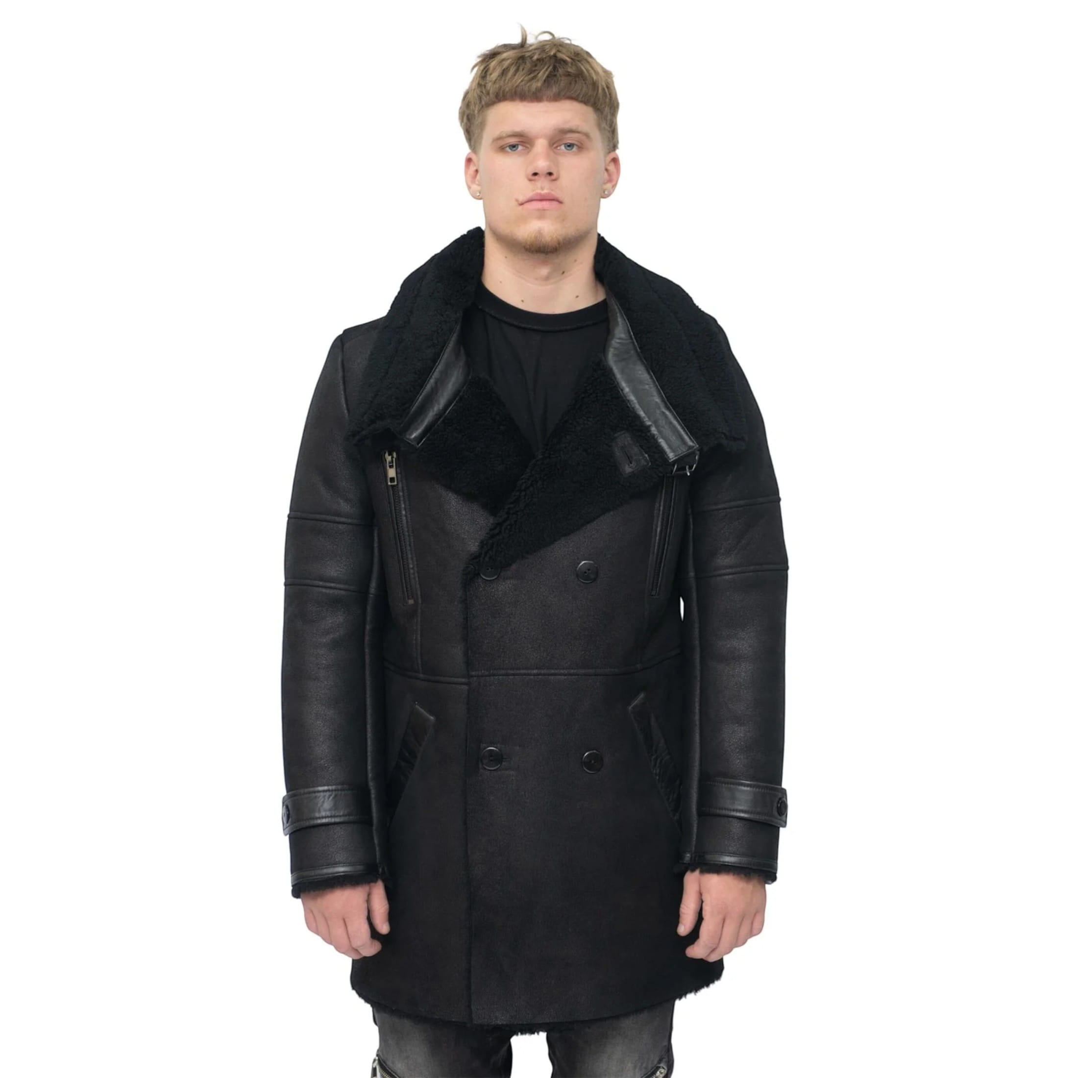 Infinity Leather Men's   Black  Double Breasted Sheepskin Reefer Coat-Candon in Size 4XL, BrandAlley