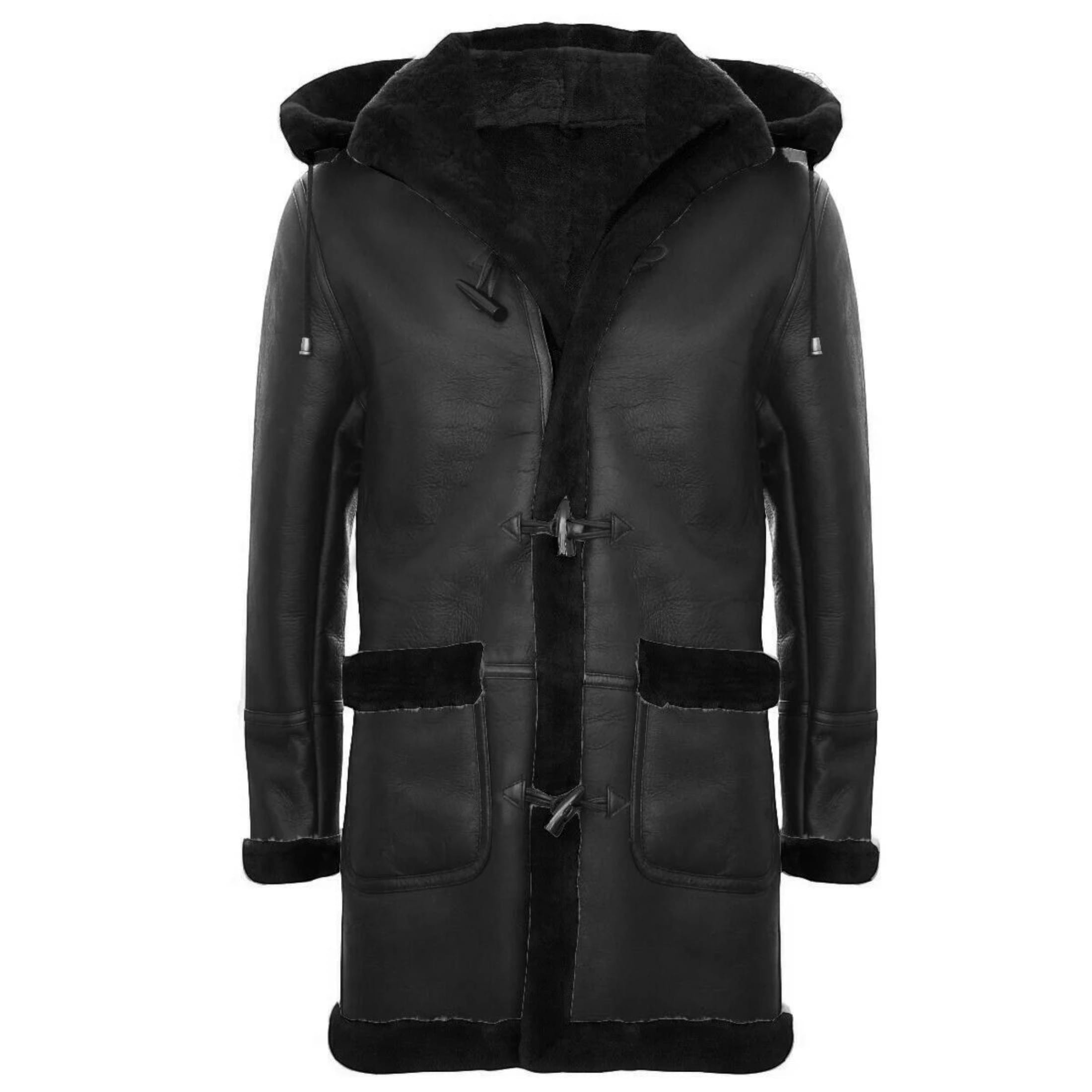 Infinity Leather Men's   Winter Black Sheepskin Hooded Duffle Coat-Helsinki in Size M, BrandAlley