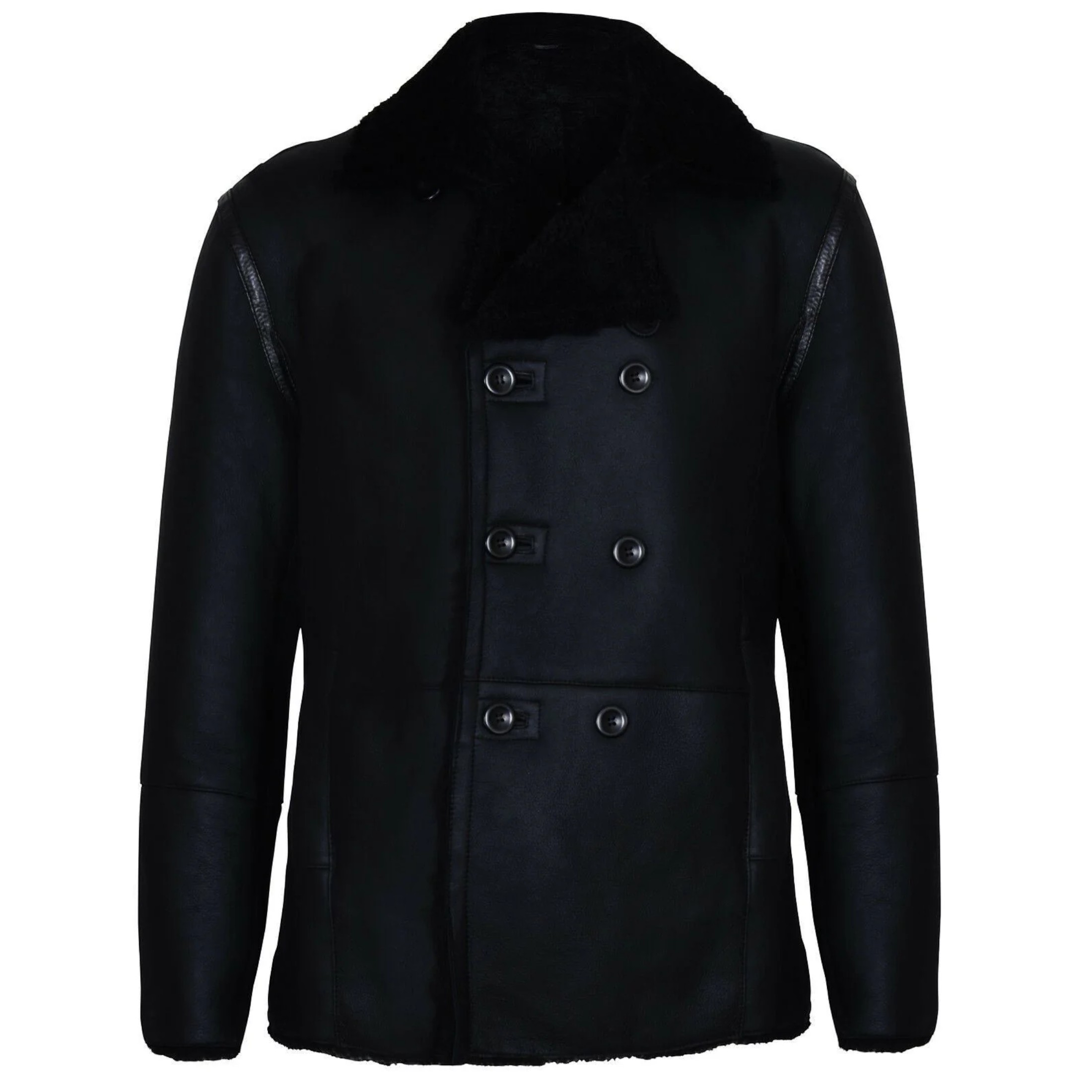 Infinity Leather Men's   Black  Double Breasted Shearling Sheepskin Pea Coat-Valencia in Size 5XL, BrandAlley