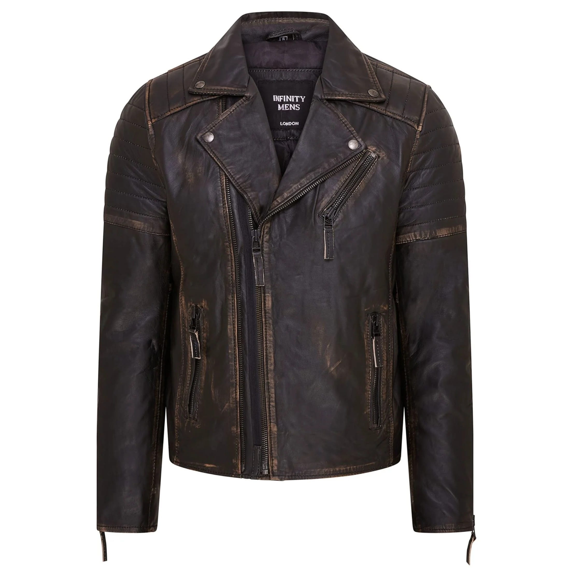 Infinity Leather Men's   Black  Rub Slim Fit Brando Style Double Cross Zip 100% Leather Biker Jacket in Size 2XL, BrandAlley