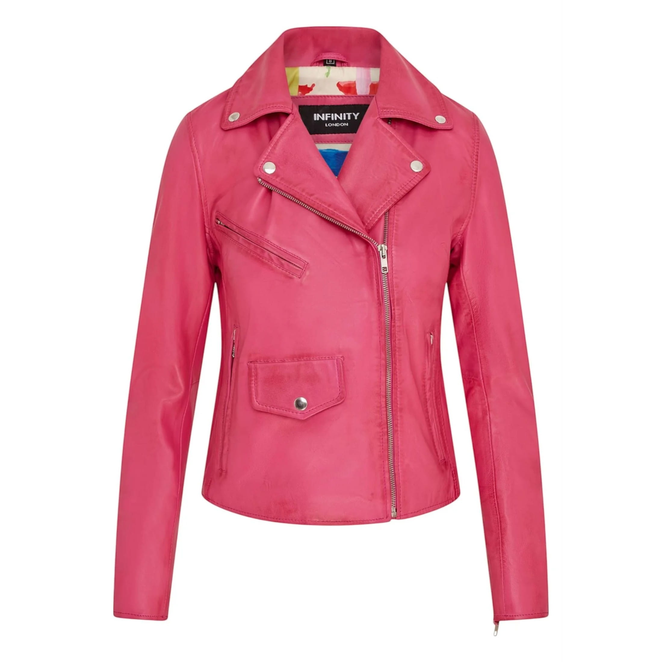 Infinity Leather Women's   Pink Fuschia Classic Brando Biker Leather Jacket - Broome in Size S, BrandAlley