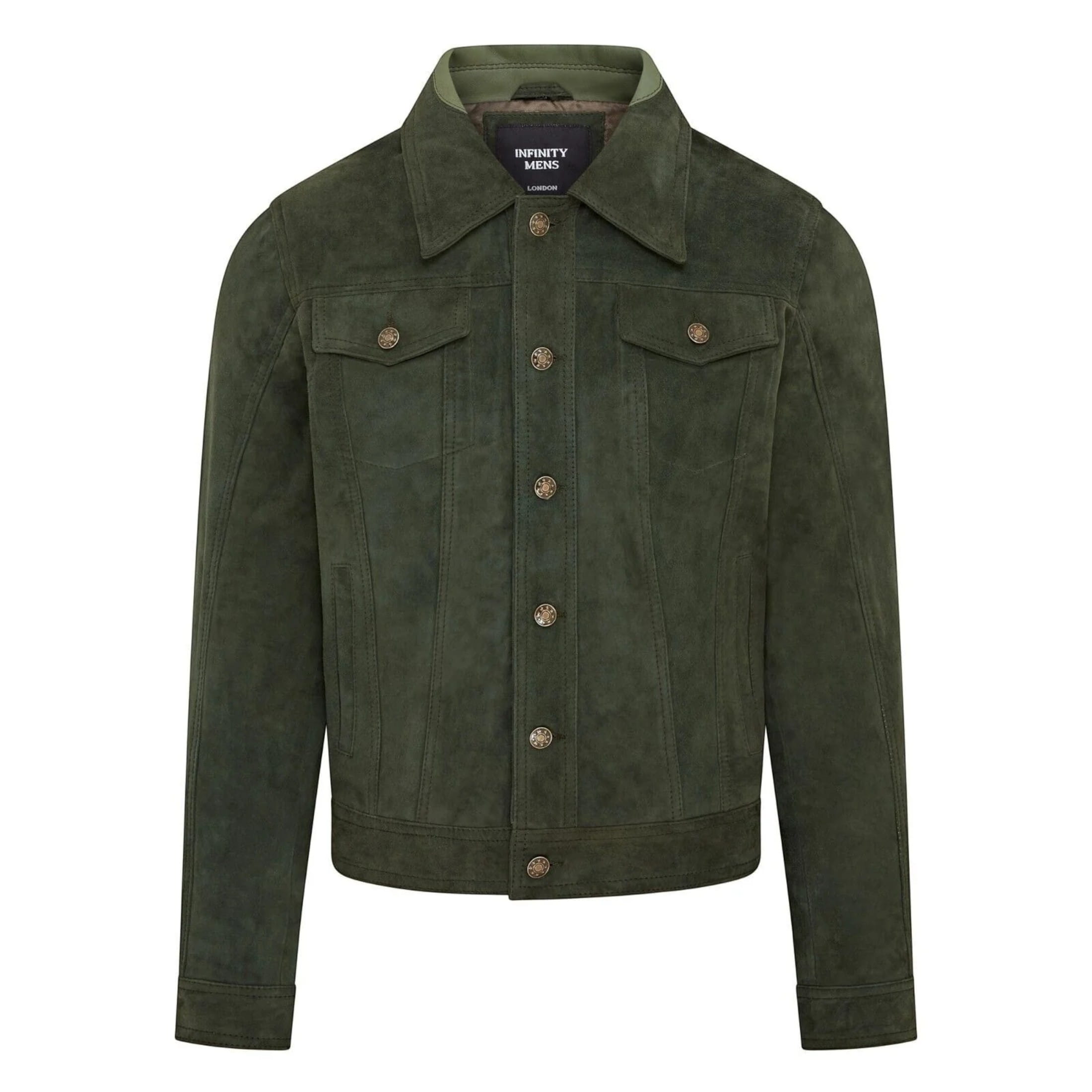 Infinity Leather Mens Trucker Green Goat Suede Western Leather Jeans Jacket - Yangon - Size 3XL