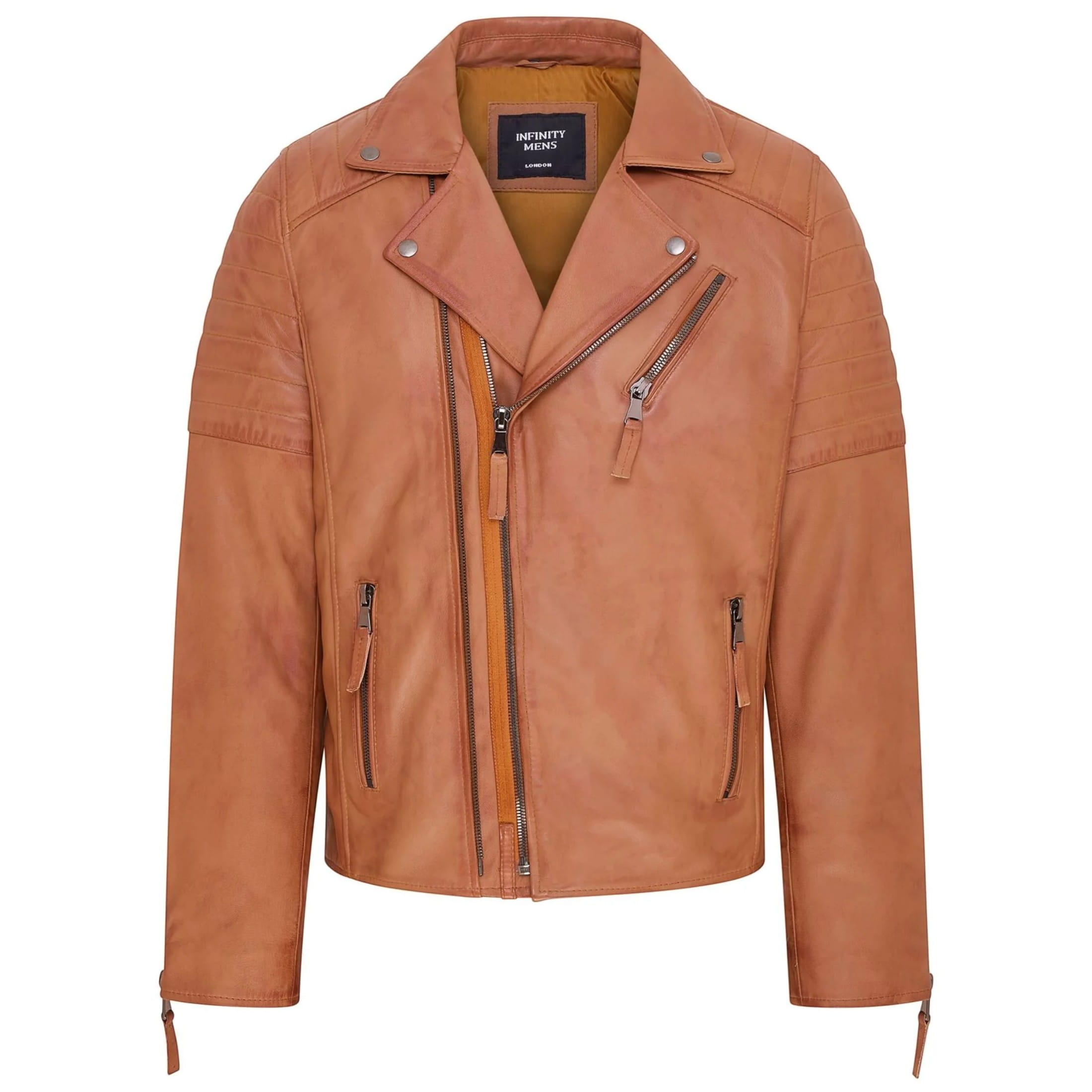 Infinity Leather Men's   Brown  Tan Slim Fit Brando Style Double Cross Zip 100% Leather Biker Jacket in Size 2XL, BrandAlley