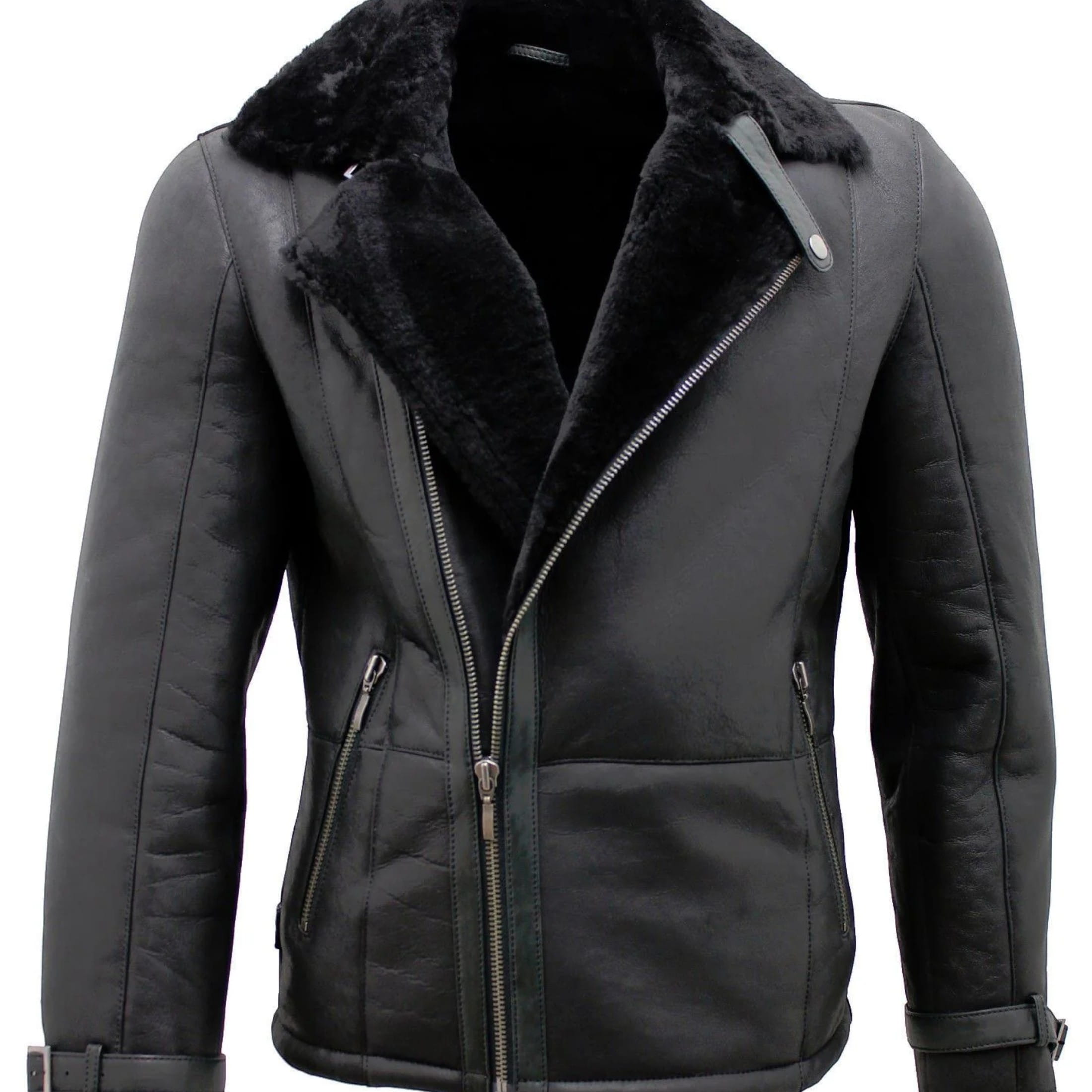 Infinity Leather Men's   Black  Double Breasted Sheepskin Leather Biker Jacket-Manila in Size 3XL, BrandAlley