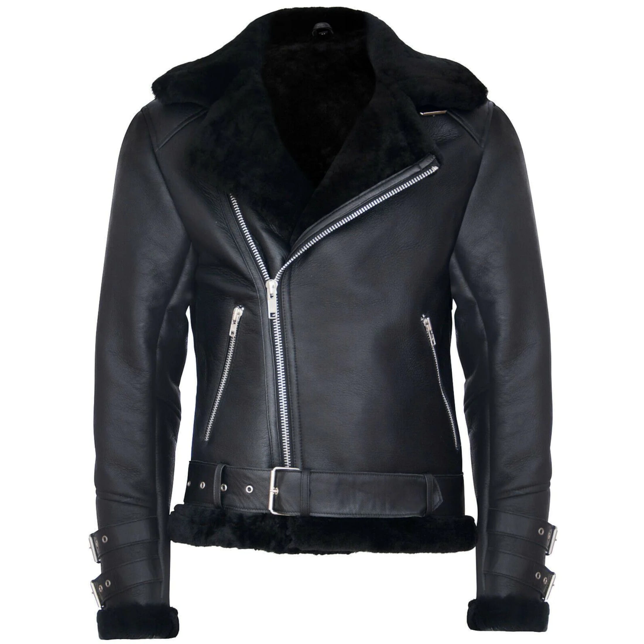 Infinity Leather Men's   Black Sheepskin Leather Biker Jacket-Edmonton in Size 2XL, BrandAlley